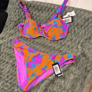Tropical Leaf Underwire Bikini Set - Purple & Orange
